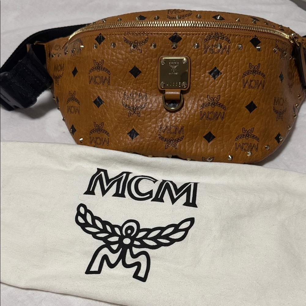 MCM Tan Visetos Belt Bag with Gold Accents